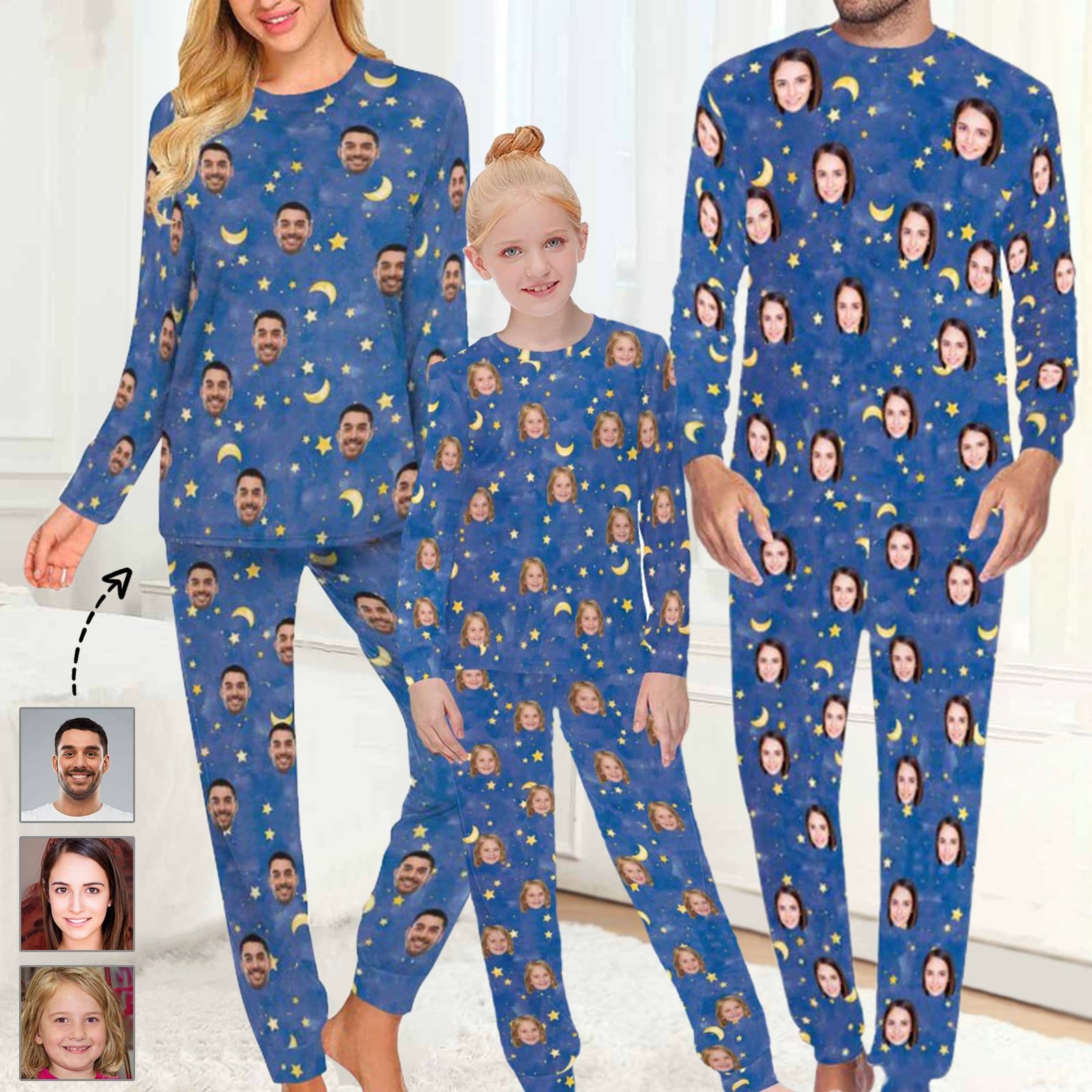 FacePajamas Pajama Custom Pajamas with Faces Blue Starry Sky Sleepwear Personalized Family Matching Long Sleeve Pajamas Set
