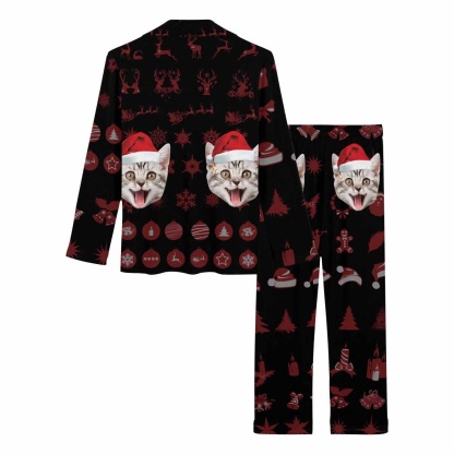 FacePajamas Pajama Custom Pet Cat Face Pajamas Christmas Hat Printing Sleepwear Personalized Women's Slumber Party Long Pajama Set