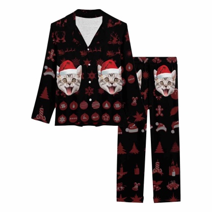 FacePajamas Pajama Custom Pet Cat Face Pajamas Christmas Hat Printing Sleepwear Personalized Women's Slumber Party Long Pajama Set