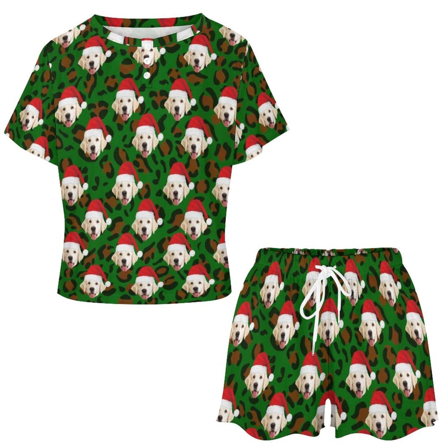 FacePajamas Womens Short Crew Neck-SDS Custom Pet Dog Face Pajamas Leopard Print Green Pajama Set Women's Short Sleeve Top and Shorts Loungewear