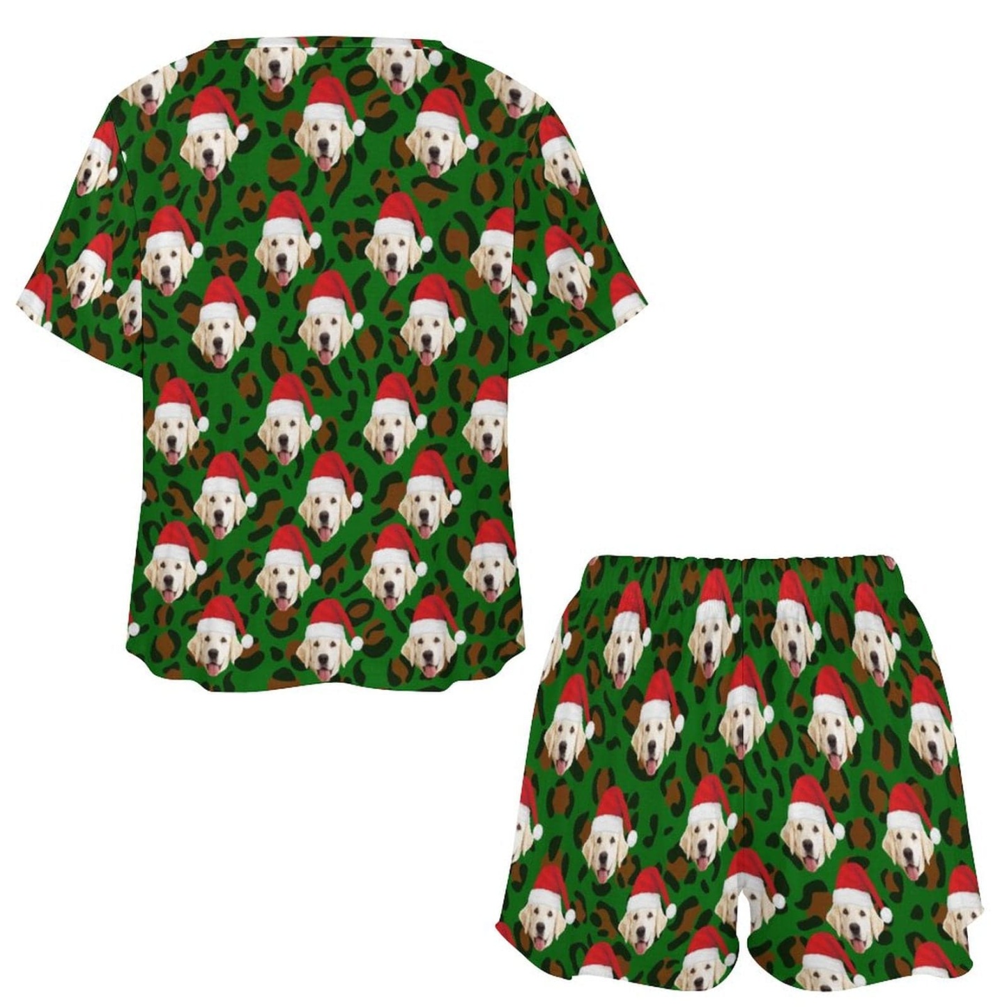 FacePajamas Womens Short Crew Neck-SDS Custom Pet Dog Face Pajamas Leopard Print Green Pajama Set Women's Short Sleeve Top and Shorts Loungewear