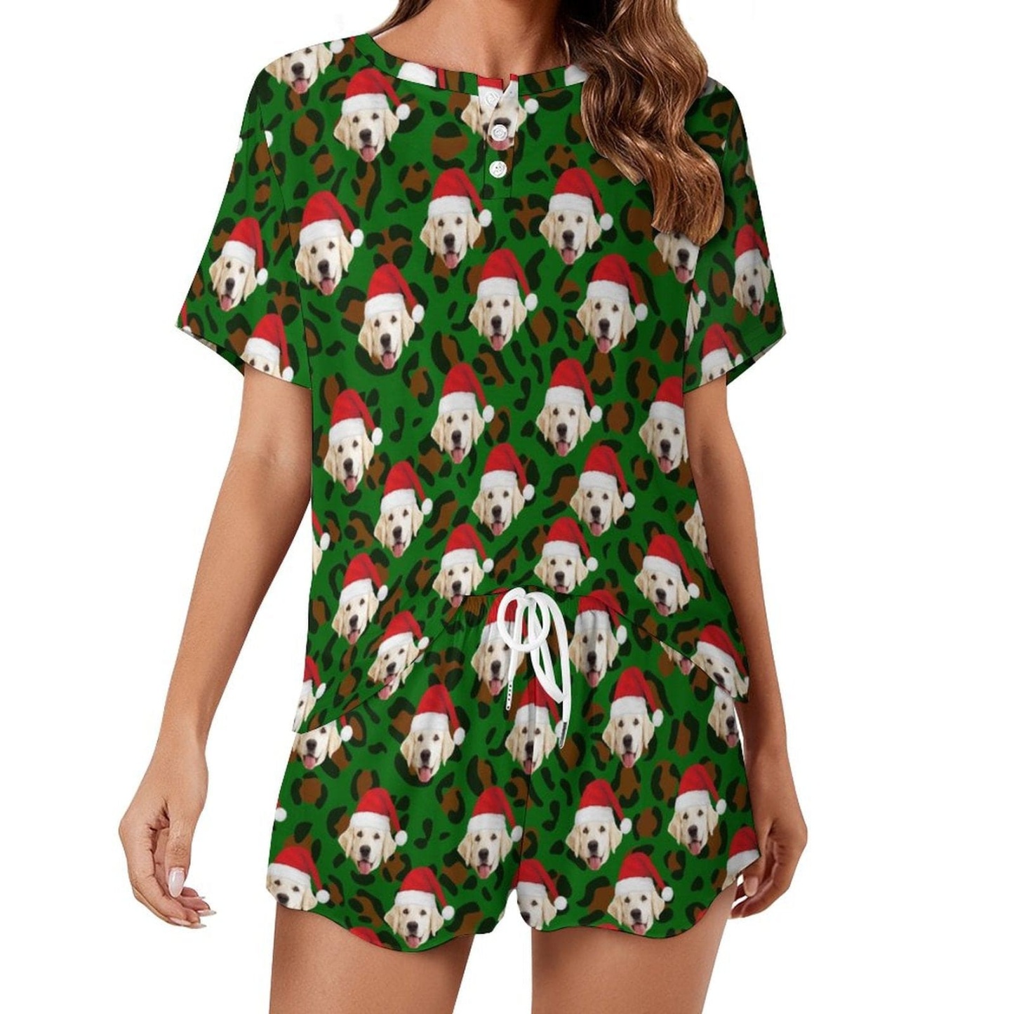 FacePajamas Womens Short Crew Neck-SDS Custom Pet Dog Face Pajamas Leopard Print Green Pajama Set Women's Short Sleeve Top and Shorts Loungewear