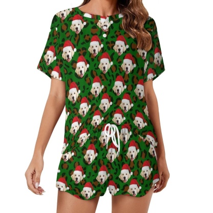 FacePajamas Womens Short Crew Neck-SDS Custom Pet Dog Face Pajamas Leopard Print Green Pajama Set Women's Short Sleeve Top and Shorts Loungewear