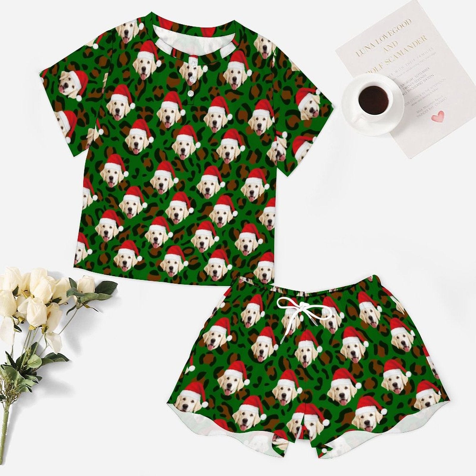 FacePajamas Womens Short Crew Neck-SDS Custom Pet Dog Face Pajamas Leopard Print Green Pajama Set Women's Short Sleeve Top and Shorts Loungewear