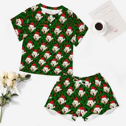 FacePajamas Womens Short Crew Neck-SDS Custom Pet Dog Face Pajamas Leopard Print Green Pajama Set Women's Short Sleeve Top and Shorts Loungewear