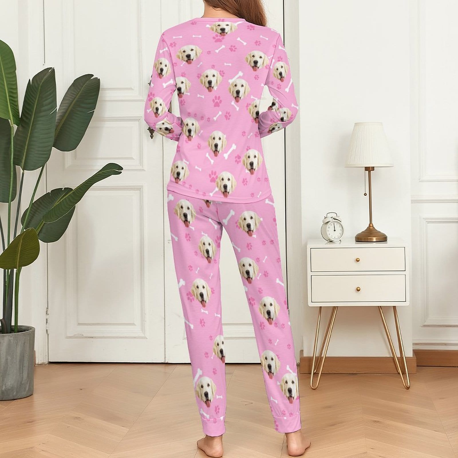 FacePajamas Pajama Custom Pet Dog's Face Bone & Footprint Sleepwear Personalized Women's Slumber Party Crewneck Long Pajamas Set