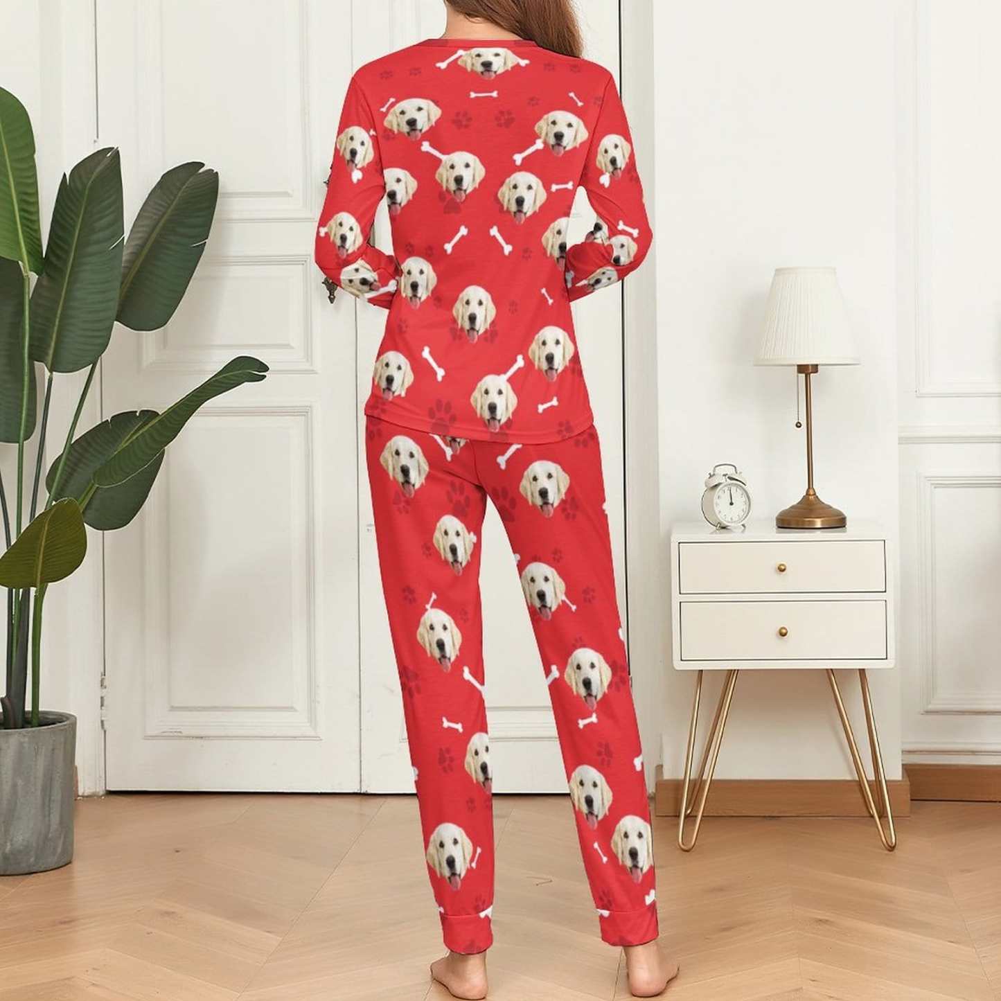 FacePajamas Pajama Custom Pet Dog's Face Bone & Footprint Sleepwear Personalized Women's Slumber Party Crewneck Long Pajamas Set