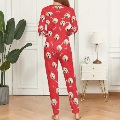 FacePajamas Pajama Custom Pet Dog's Face Bone & Footprint Sleepwear Personalized Women's Slumber Party Crewneck Long Pajamas Set