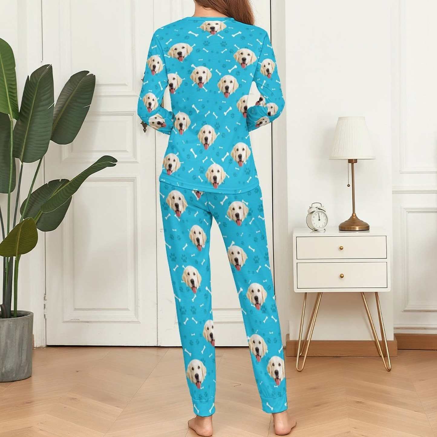 FacePajamas Pajama Custom Pet Dog's Face Bone & Footprint Sleepwear Personalized Women's Slumber Party Crewneck Long Pajamas Set