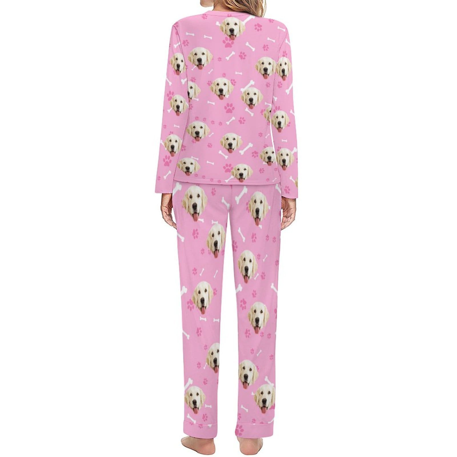 FacePajamas Pajama Custom Pet Dog's Face Bone & Footprint Sleepwear Personalized Women's Slumber Party Crewneck Long Pajamas Set