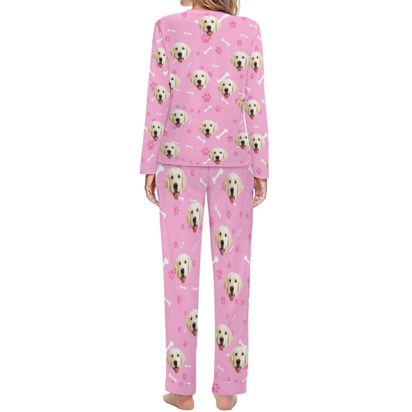 FacePajamas Pajama Custom Pet Dog's Face Bone & Footprint Sleepwear Personalized Women's Slumber Party Crewneck Long Pajamas Set