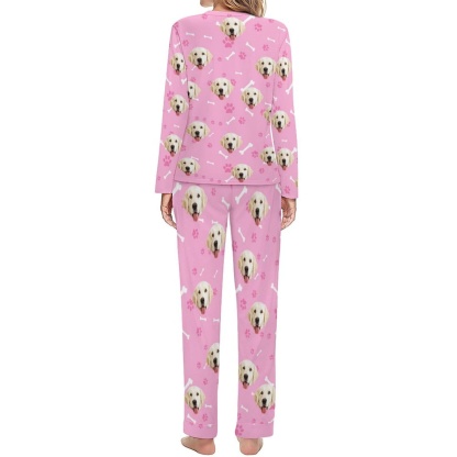 FacePajamas Pajama Custom Pet Dog's Face Bone & Footprint Sleepwear Personalized Women's Slumber Party Crewneck Long Pajamas Set