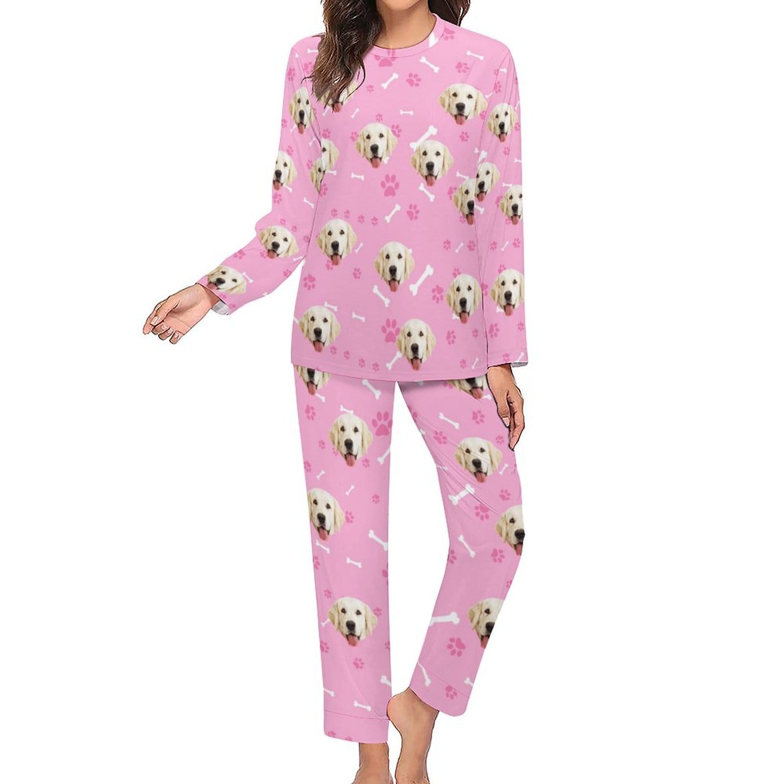 FacePajamas Pajama Custom Pet Dog's Face Bone & Footprint Sleepwear Personalized Women's Slumber Party Crewneck Long Pajamas Set