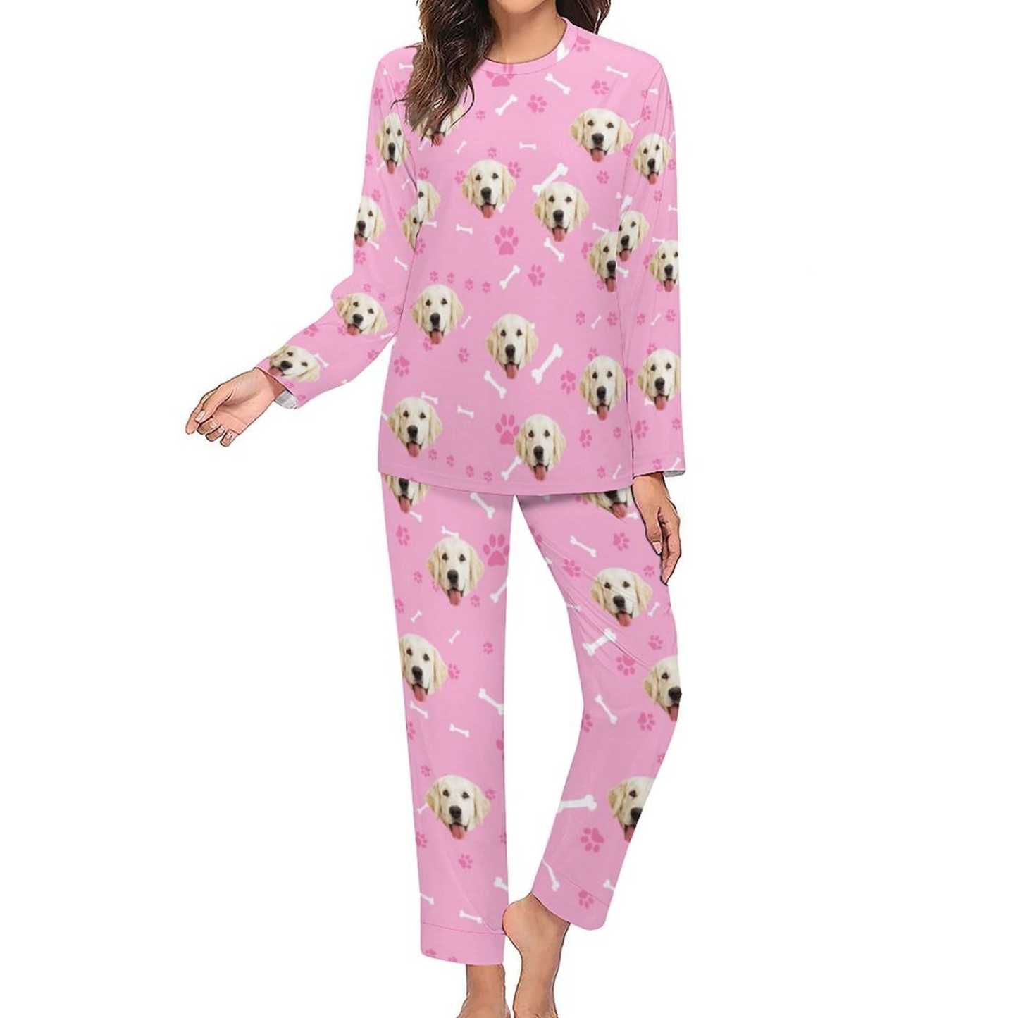 FacePajamas Pajama Custom Pet Dog's Face Bone & Footprint Sleepwear Personalized Women's Slumber Party Crewneck Long Pajamas Set