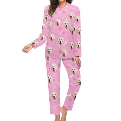 FacePajamas Pajama Custom Pet Dog's Face Bone & Footprint Sleepwear Personalized Women's Slumber Party Crewneck Long Pajamas Set