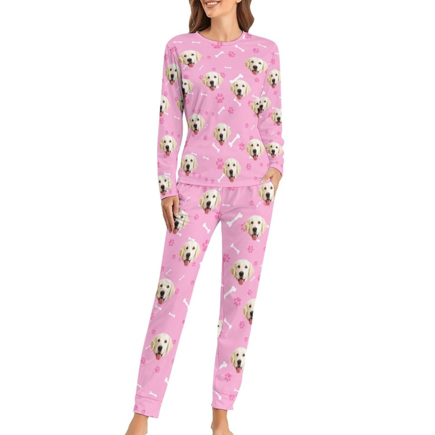 FacePajamas Pajama Custom Pet Dog's Face Bone & Footprint Sleepwear Personalized Women's Slumber Party Crewneck Long Pajamas Set