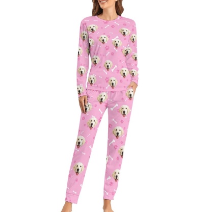 FacePajamas Pajama Custom Pet Dog's Face Bone & Footprint Sleepwear Personalized Women's Slumber Party Crewneck Long Pajamas Set