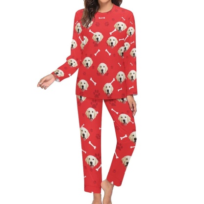 FacePajamas Pajama Custom Pet Dog's Face Bone & Footprint Sleepwear Personalized Women's Slumber Party Crewneck Long Pajamas Set