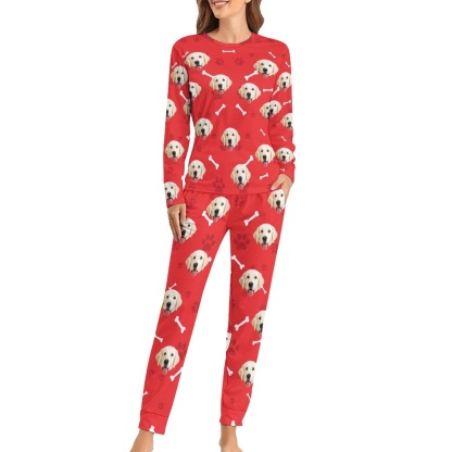 FacePajamas Pajama Custom Pet Dog's Face Bone & Footprint Sleepwear Personalized Women's Slumber Party Crewneck Long Pajamas Set