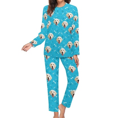 FacePajamas Pajama Custom Pet Dog's Face Bone & Footprint Sleepwear Personalized Women's Slumber Party Crewneck Long Pajamas Set