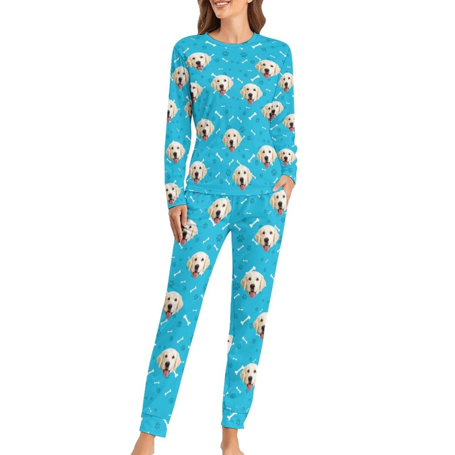 FacePajamas Pajama Custom Pet Dog's Face Bone & Footprint Sleepwear Personalized Women's Slumber Party Crewneck Long Pajamas Set