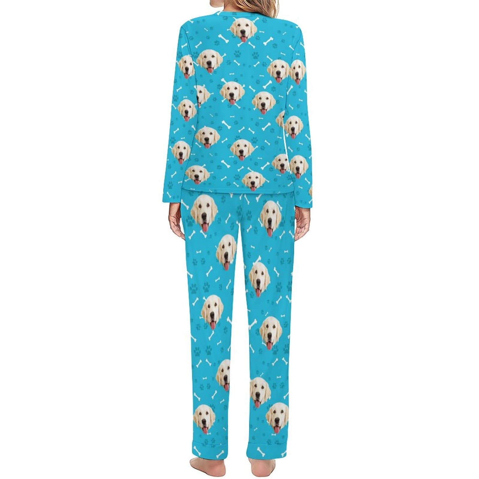FacePajamas Pajama Custom Pet Dog's Face Bone & Footprint Sleepwear Personalized Women's Slumber Party Crewneck Long Pajamas Set