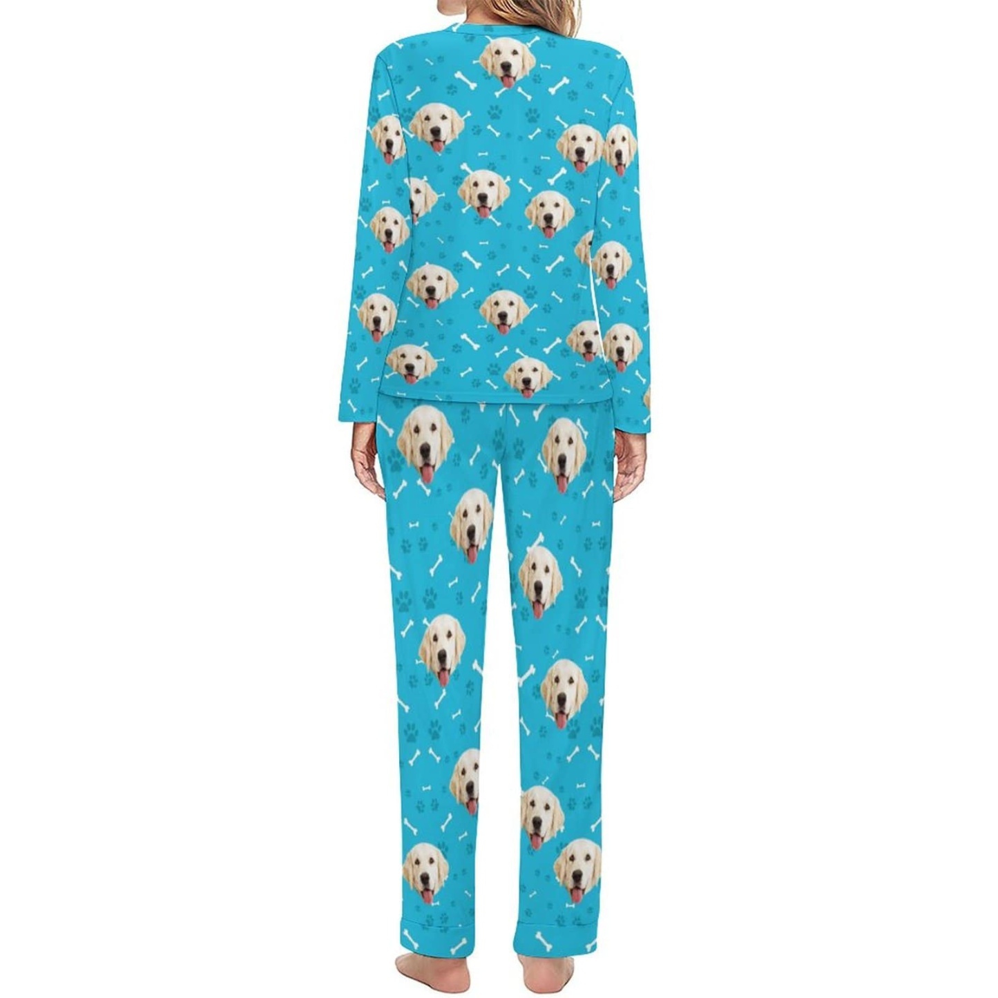 FacePajamas Pajama Custom Pet Dog's Face Bone & Footprint Sleepwear Personalized Women's Slumber Party Crewneck Long Pajamas Set