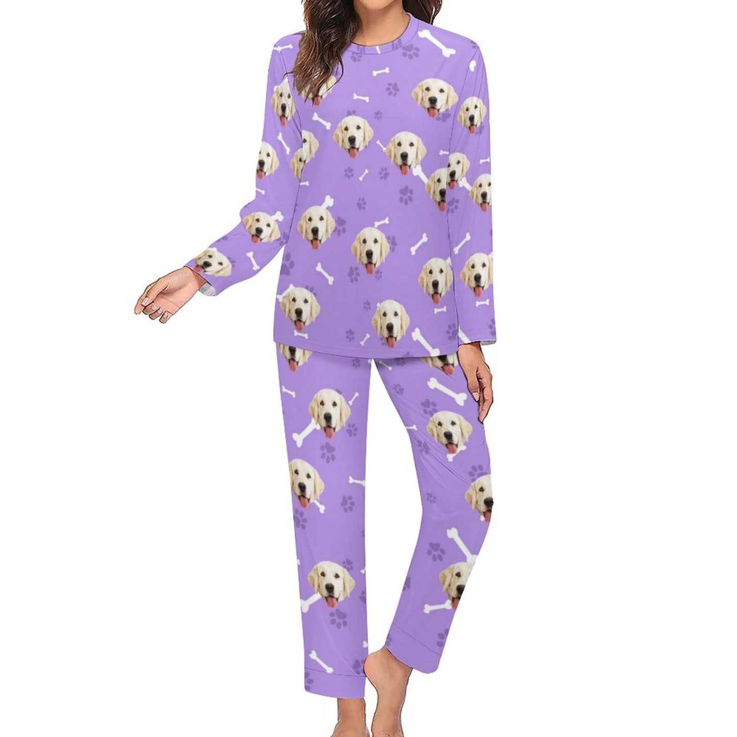 FacePajamas Pajama Custom Pet Dog's Face Bone & Footprint Sleepwear Personalized Women's Slumber Party Crewneck Long Pajamas Set