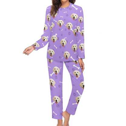 FacePajamas Pajama Custom Pet Dog's Face Bone & Footprint Sleepwear Personalized Women's Slumber Party Crewneck Long Pajamas Set