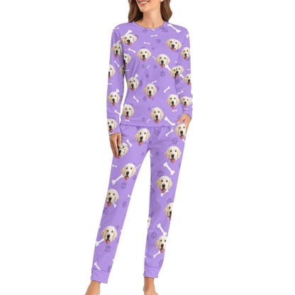 FacePajamas Pajama Custom Pet Dog's Face Bone & Footprint Sleepwear Personalized Women's Slumber Party Crewneck Long Pajamas Set