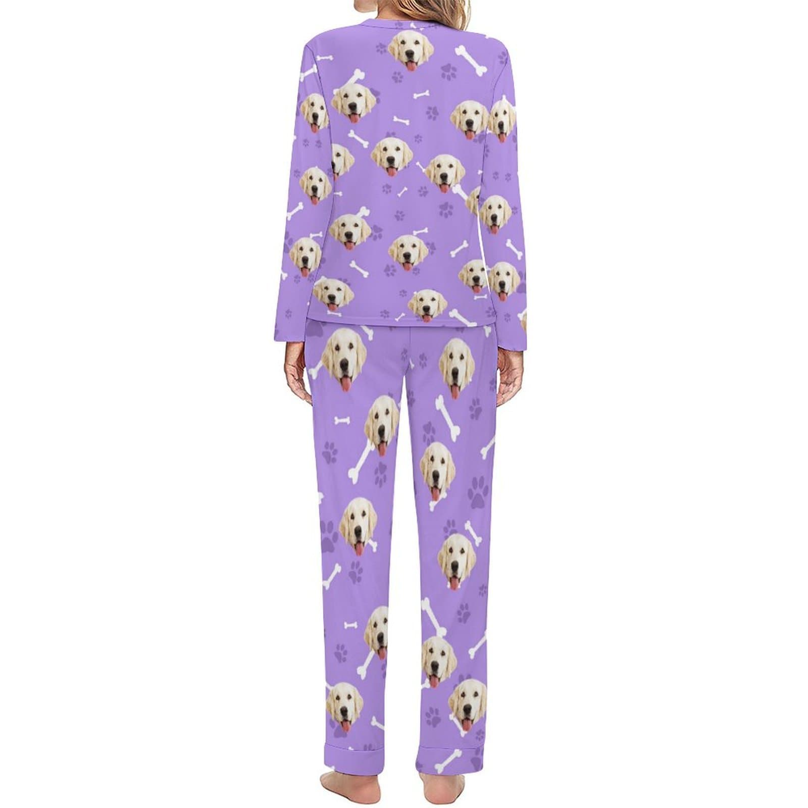 FacePajamas Pajama Custom Pet Dog's Face Bone & Footprint Sleepwear Personalized Women's Slumber Party Crewneck Long Pajamas Set