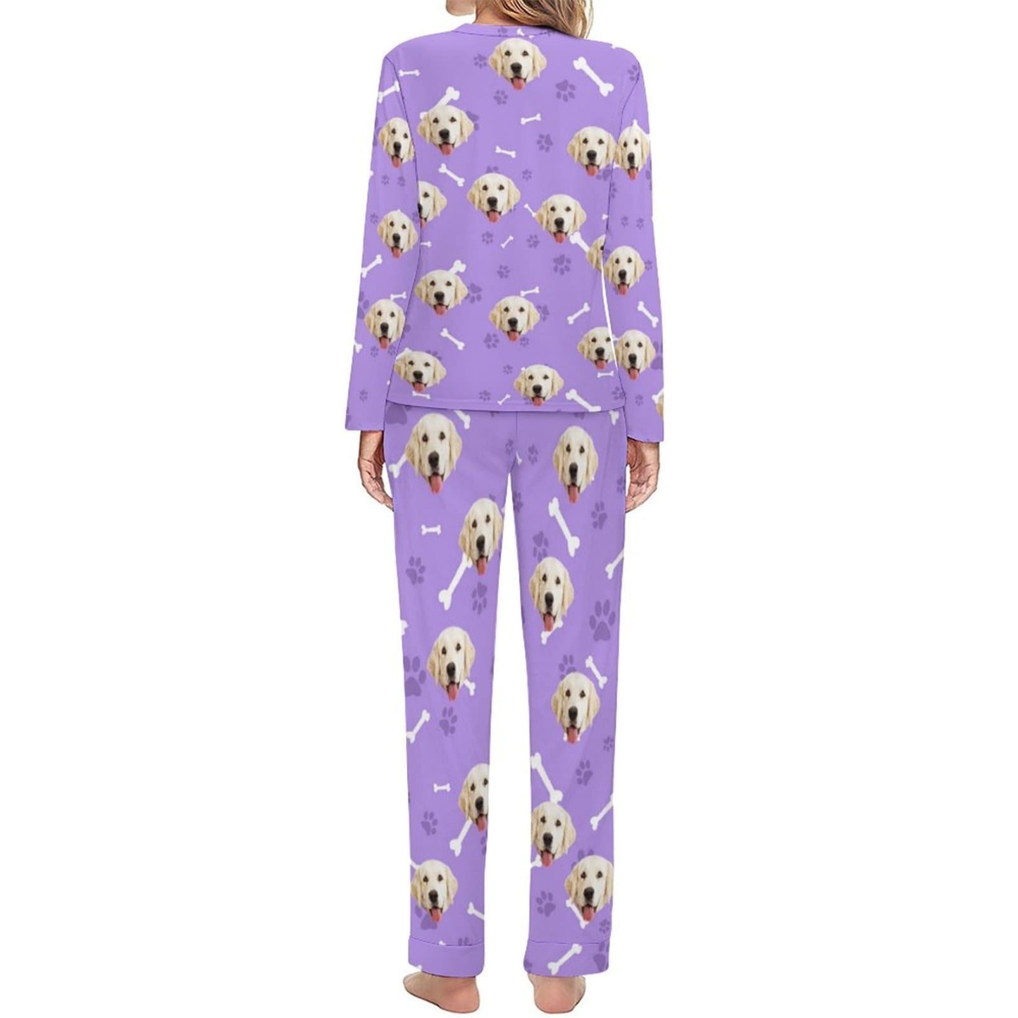 FacePajamas Pajama Custom Pet Dog's Face Bone & Footprint Sleepwear Personalized Women's Slumber Party Crewneck Long Pajamas Set