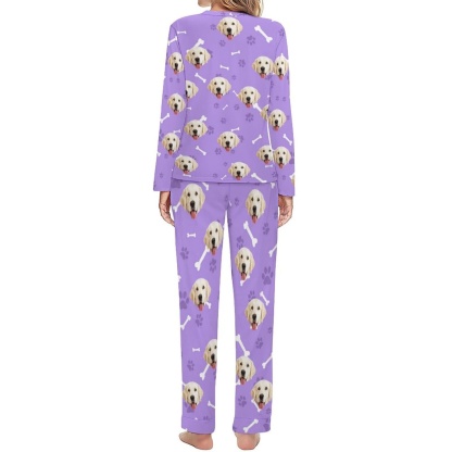 FacePajamas Pajama Custom Pet Dog's Face Bone & Footprint Sleepwear Personalized Women's Slumber Party Crewneck Long Pajamas Set