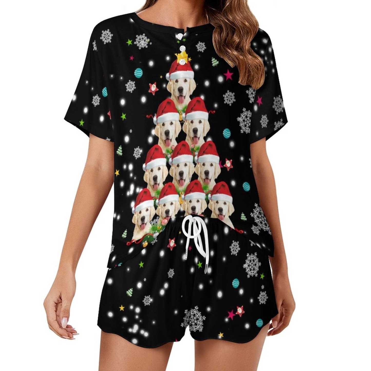 FacePajamas Pajama-2ML-SDS Custom Pet Face Christmas Dog Tree Black Pajama Set Women's Short Sleeve Top and Shorts Loungewear Athletic Tracksuits