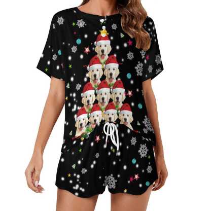 FacePajamas Pajama-2ML-SDS Custom Pet Face Christmas Dog Tree Black Pajama Set Women's Short Sleeve Top and Shorts Loungewear Athletic Tracksuits