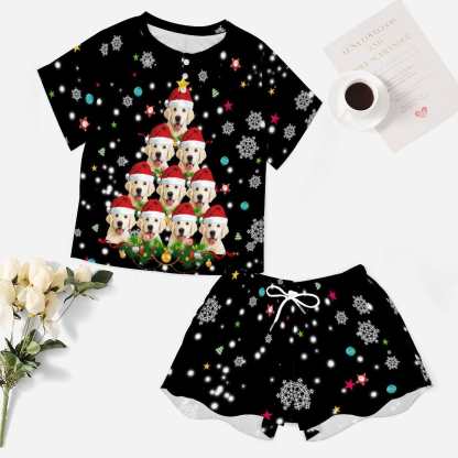 FacePajamas Pajama-2ML-SDS Custom Pet Face Christmas Dog Tree Black Pajama Set Women's Short Sleeve Top and Shorts Loungewear Athletic Tracksuits