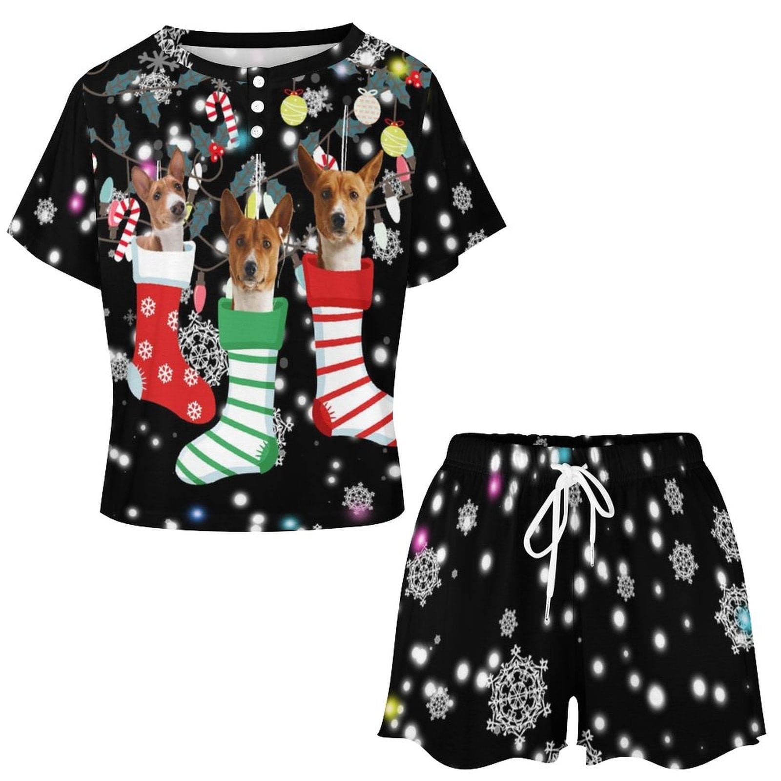 FacePajamas Pajama-2ML-SDS Custom Pet Face Dog Christmas Socks Pajama Set Women's Short Sleeve Top and Shorts Loungewear Athletic Tracksuits