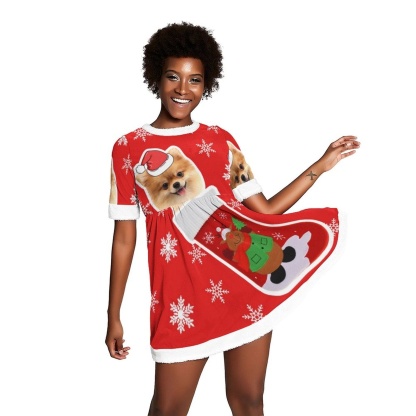 FacePajamas Christmas Dress-2ML-SDS Custom Pet Face Dog Socks Red Hat Snowflake Chrismas Nightdress Personalized Women's Christmas Dress Pajamas