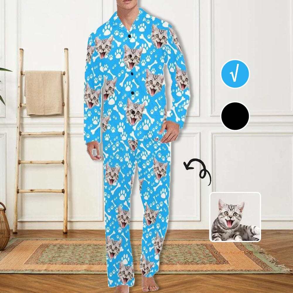 FacePajamas Pajama Custom Pet Face Lovely Cat Blue Black Persoanlized Sleepwear Men's Long Pajama Set