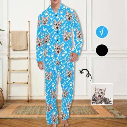 FacePajamas Pajama Custom Pet Face Lovely Cat Blue Black Persoanlized Sleepwear Men's Long Pajama Set