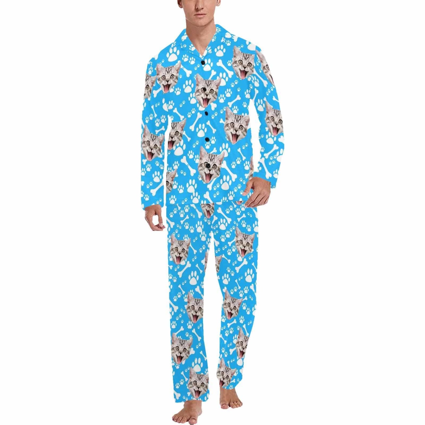 FacePajamas Pajama Custom Pet Face Lovely Cat Blue Black Persoanlized Sleepwear Men's Long Pajama Set