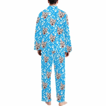 FacePajamas Pajama Custom Pet Face Lovely Cat Blue Black Persoanlized Sleepwear Men's Long Pajama Set