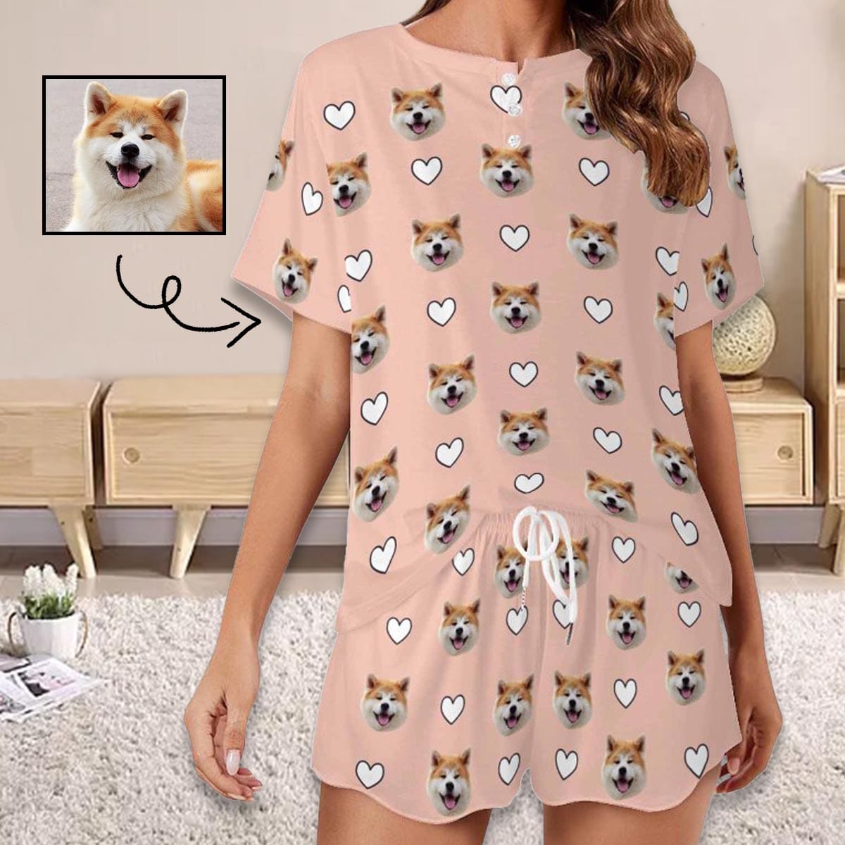 FacePajamas Womens Short Crew Neck-SDS Custom Pet Face Pajama Sets Women's Short Sleeve Loungewear