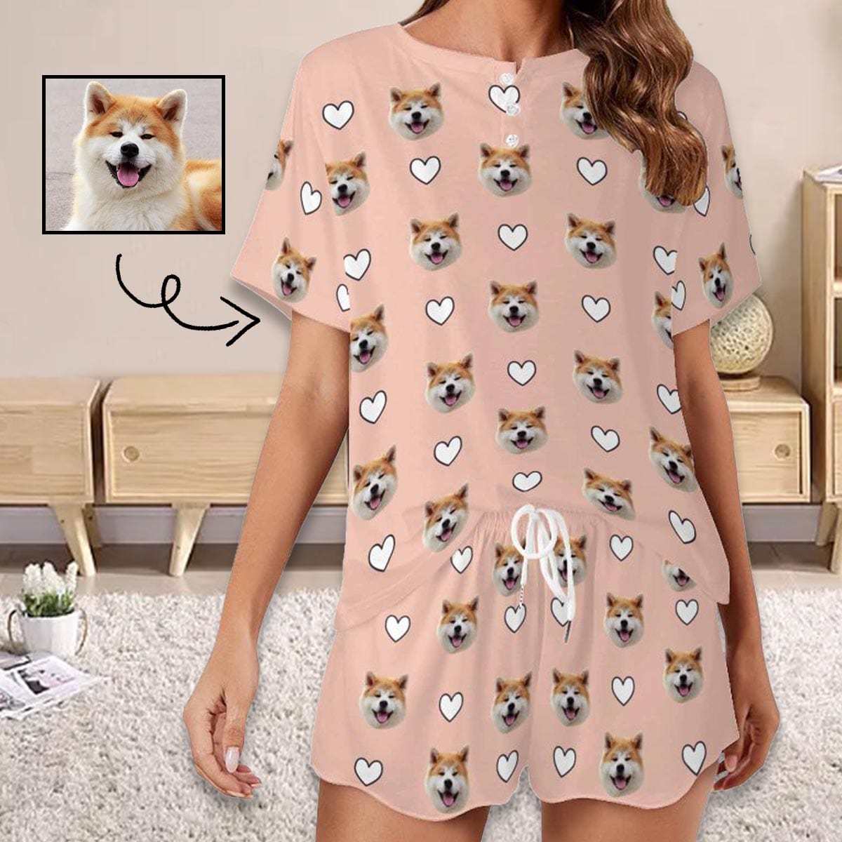 FacePajamas Womens Short Crew Neck-SDS Custom Pet Face Pajama Sets Women's Short Sleeve Loungewear