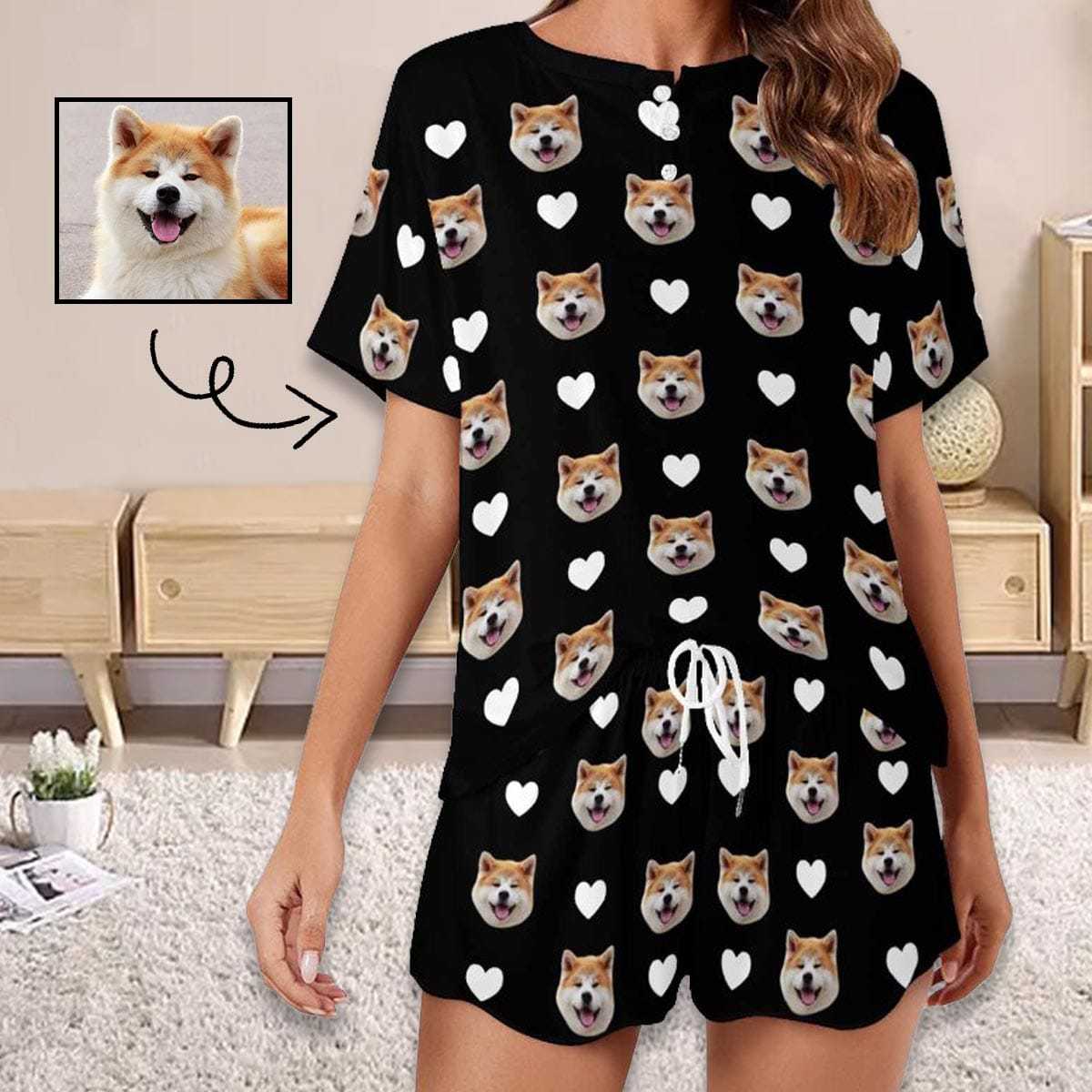 FacePajamas Womens Short Crew Neck-SDS Custom Pet Face Pajama Sets Women's Short Sleeve Loungewear