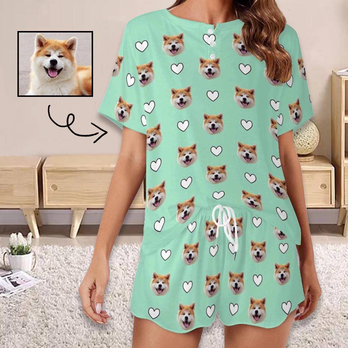 FacePajamas Womens Short Crew Neck-SDS Custom Pet Face Pajama Sets Women's Short Sleeve Loungewear