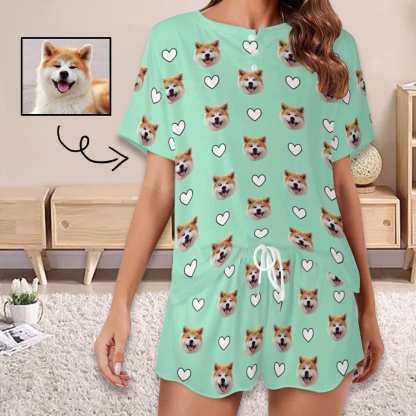 FacePajamas Womens Short Crew Neck-SDS Custom Pet Face Pajama Sets Women's Short Sleeve Loungewear