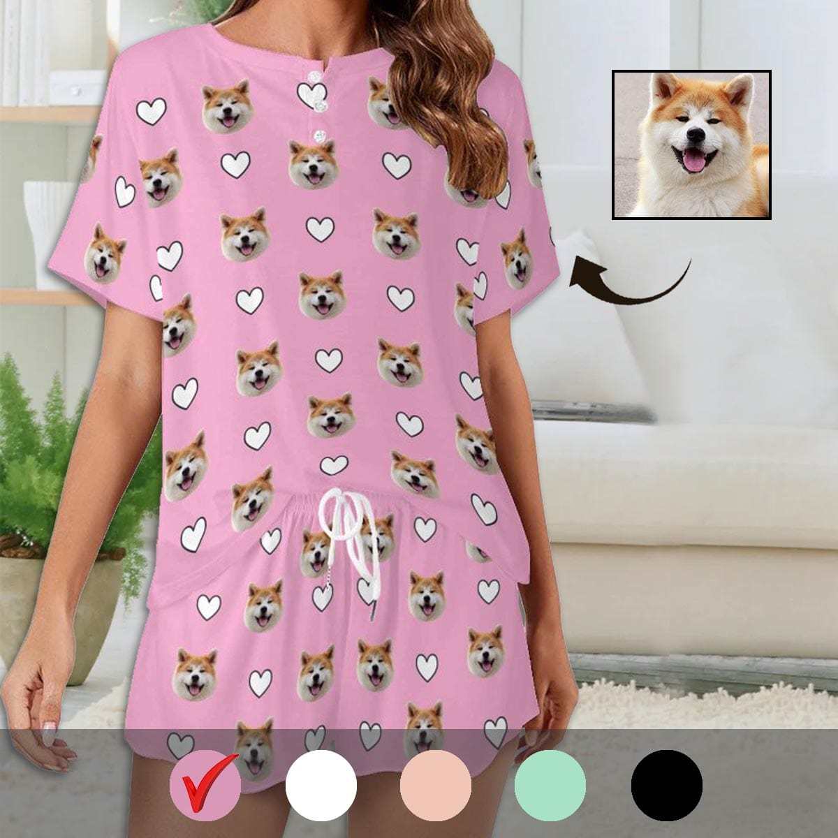 FacePajamas Womens Short Crew Neck-SDS Custom Pet Face Pajama Sets Women's Short Sleeve Loungewear