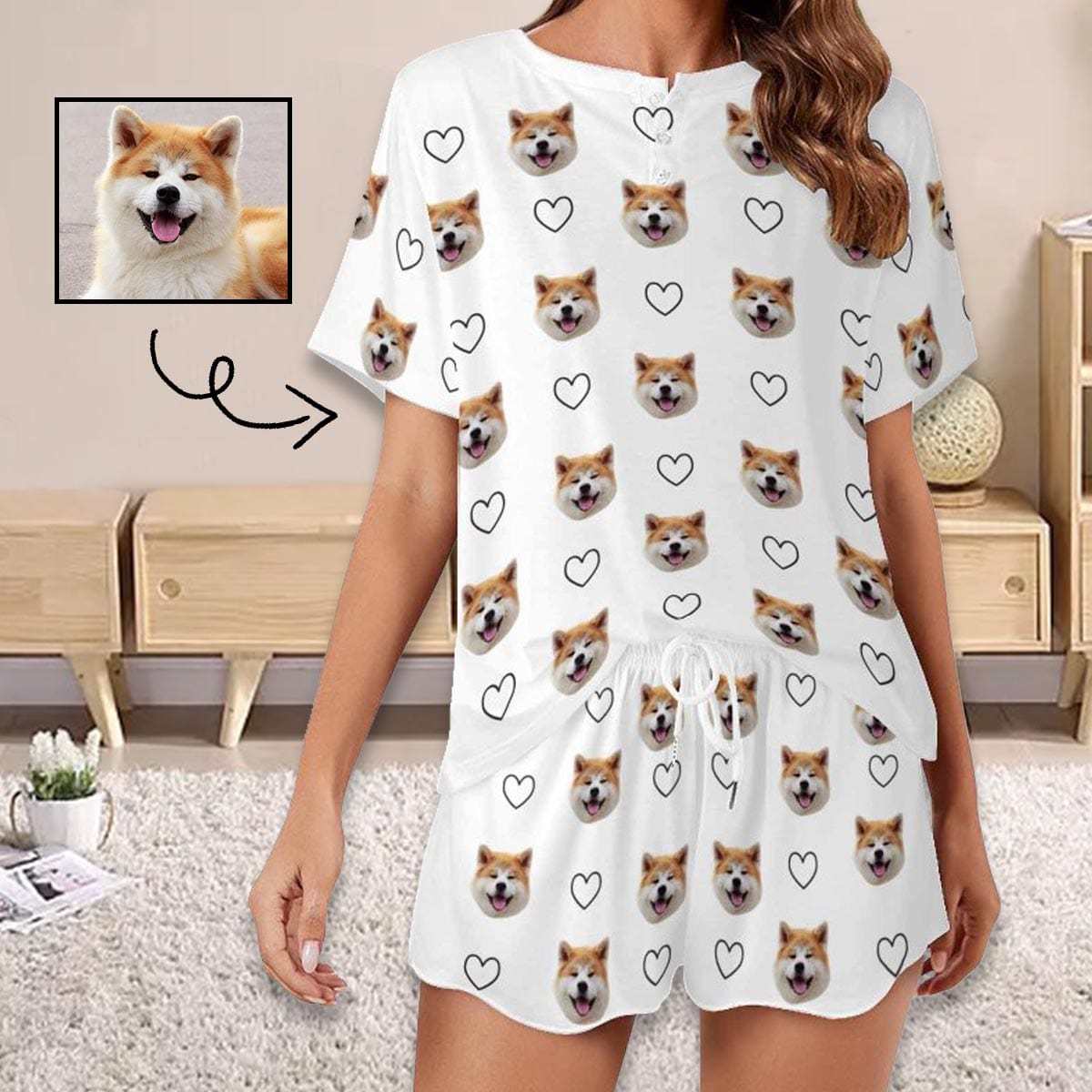 FacePajamas Womens Short Crew Neck-SDS Custom Pet Face Pajama Sets Women's Short Sleeve Loungewear