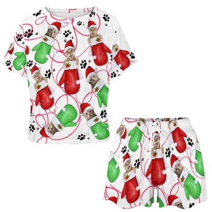 FacePajamas Womens Short Crew Neck-SDS Custom Pet Face Pajamas Cat Gloves Pajama Set Women's Short Sleeve Top and Shorts Loungewear